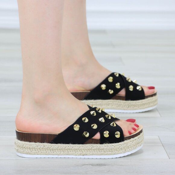 Black Platform Espadrille Sandals Crossover Gold Metal Stud Slip On Sliders - Picture 10 of 13